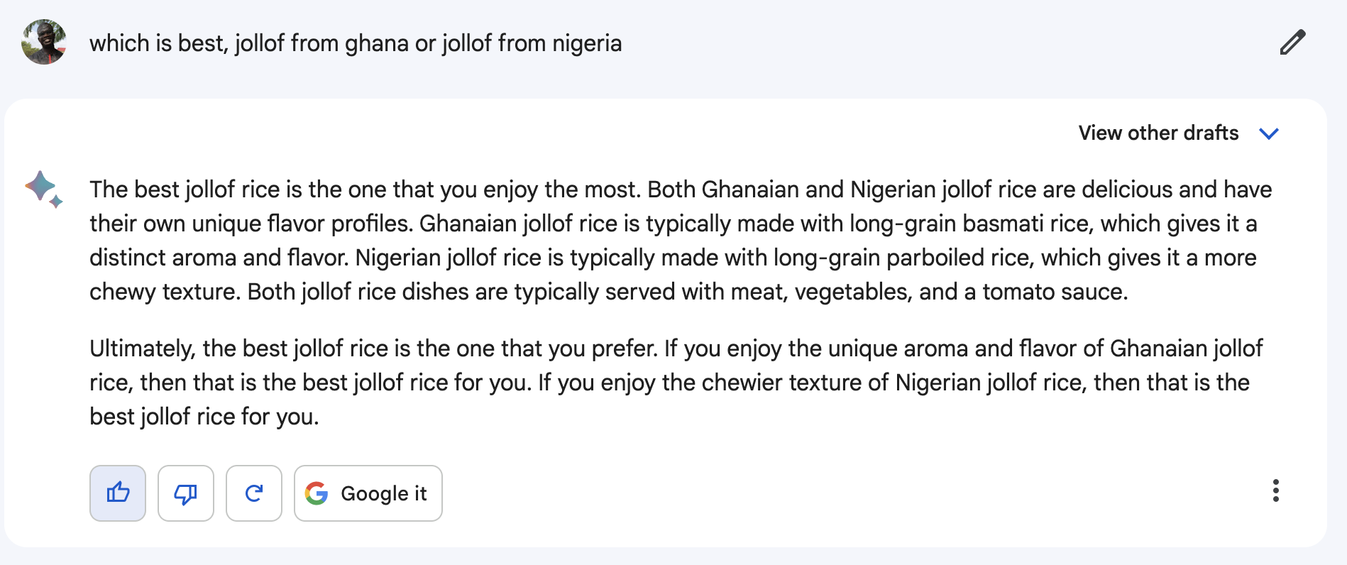 Bard AI trying to decide between Ghana's take on Jollof vs Nigeria's take.